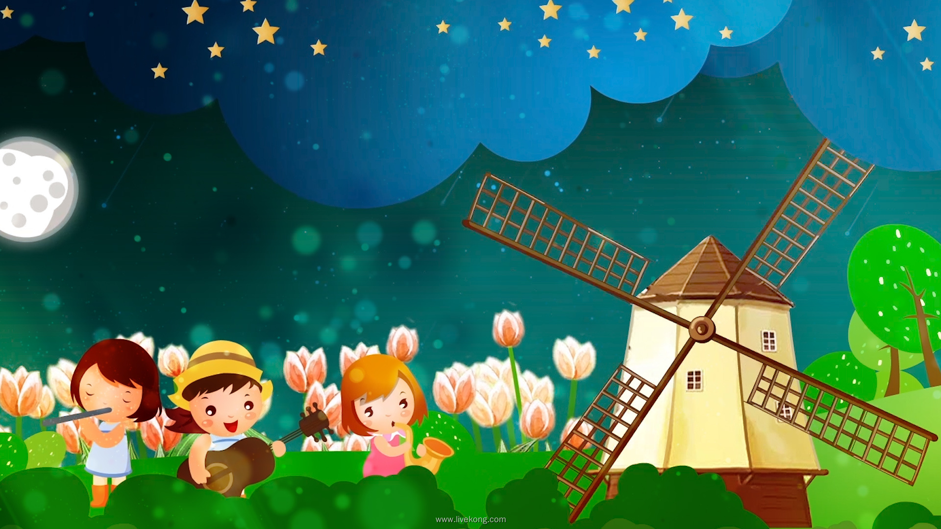 最美的光led大屏背景视频最美的光视频背景卡通动画夜晚星星月亮小